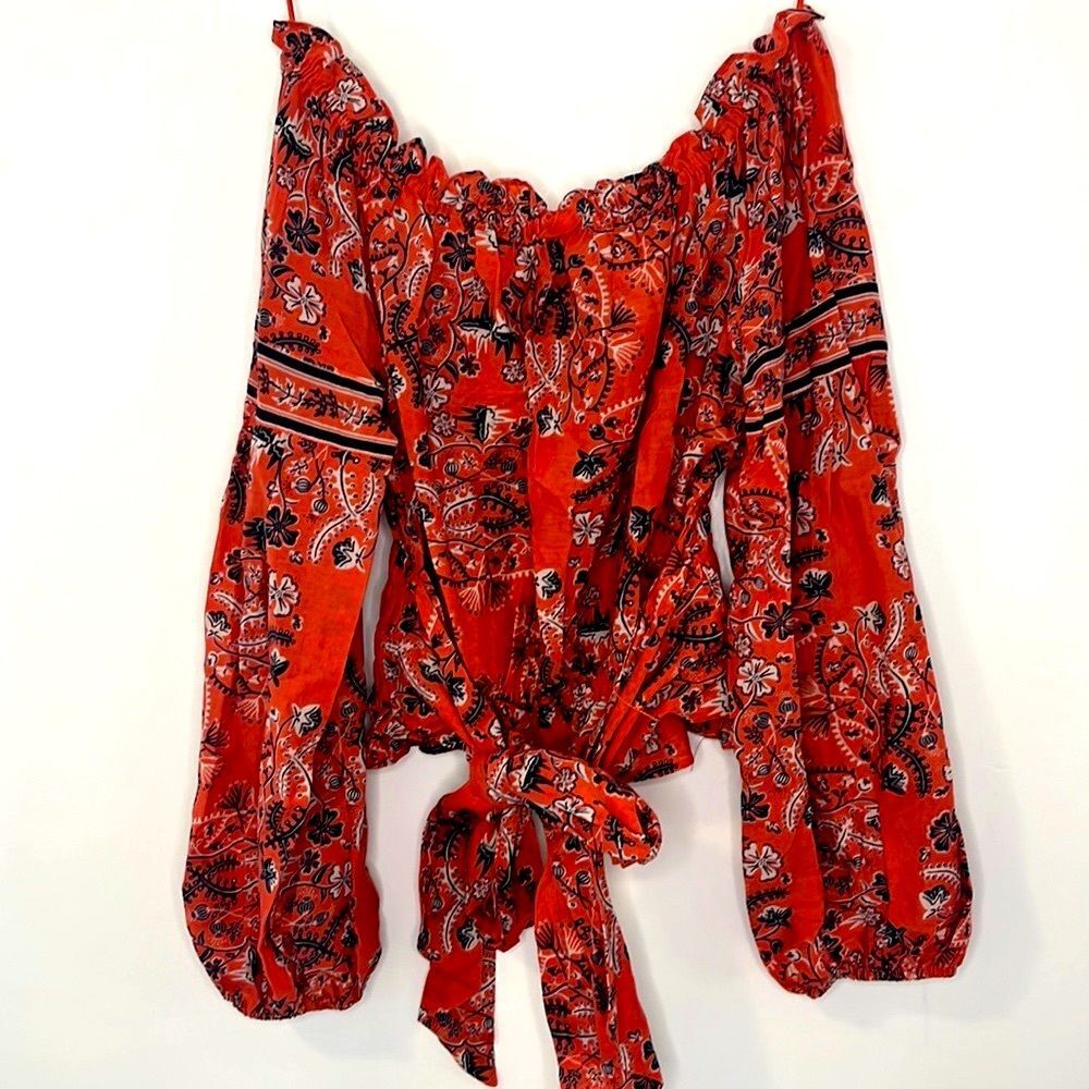 CHELSEA & VIOLET Off the shoulder long sleeve crop top with tie XS